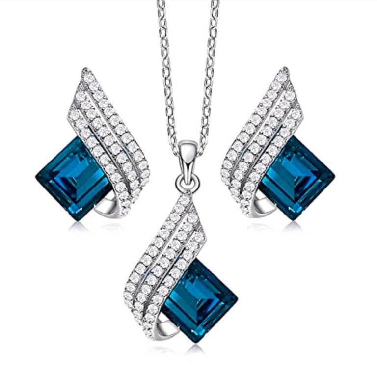 Womens 3pcs Navy Blue Rhinestone Silver Decor Set Pendant Necklace Earrings Gift