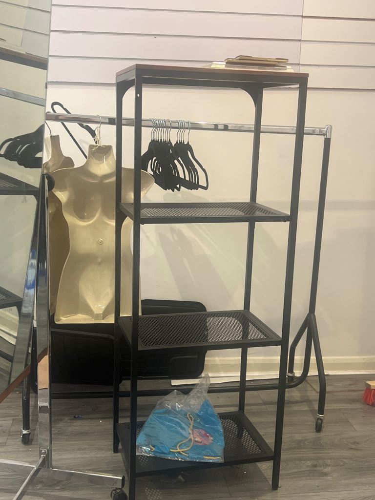Black Metal Shelving Unit with Wooden Top – Good Condition