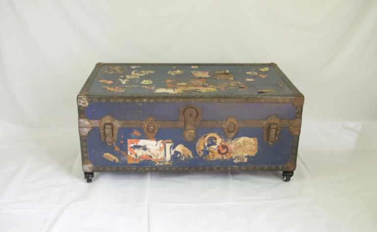 Vintage Blue Banded Travellers Steamer Trunk Table.
