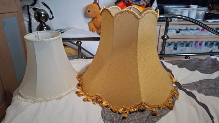 Pair of Vintage Fabric Lampshades – Gold Scalloped & Cream Bell