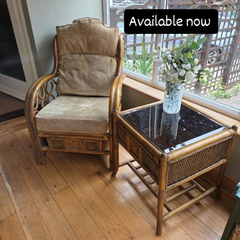 Mid-century bamboo and rattan conservatory set includes a matching armchair and glass-top side