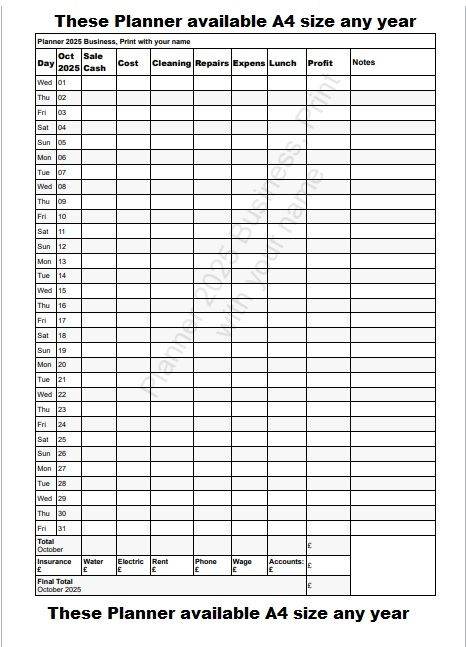 Planner for busines, shop A4 print with your name on any year
