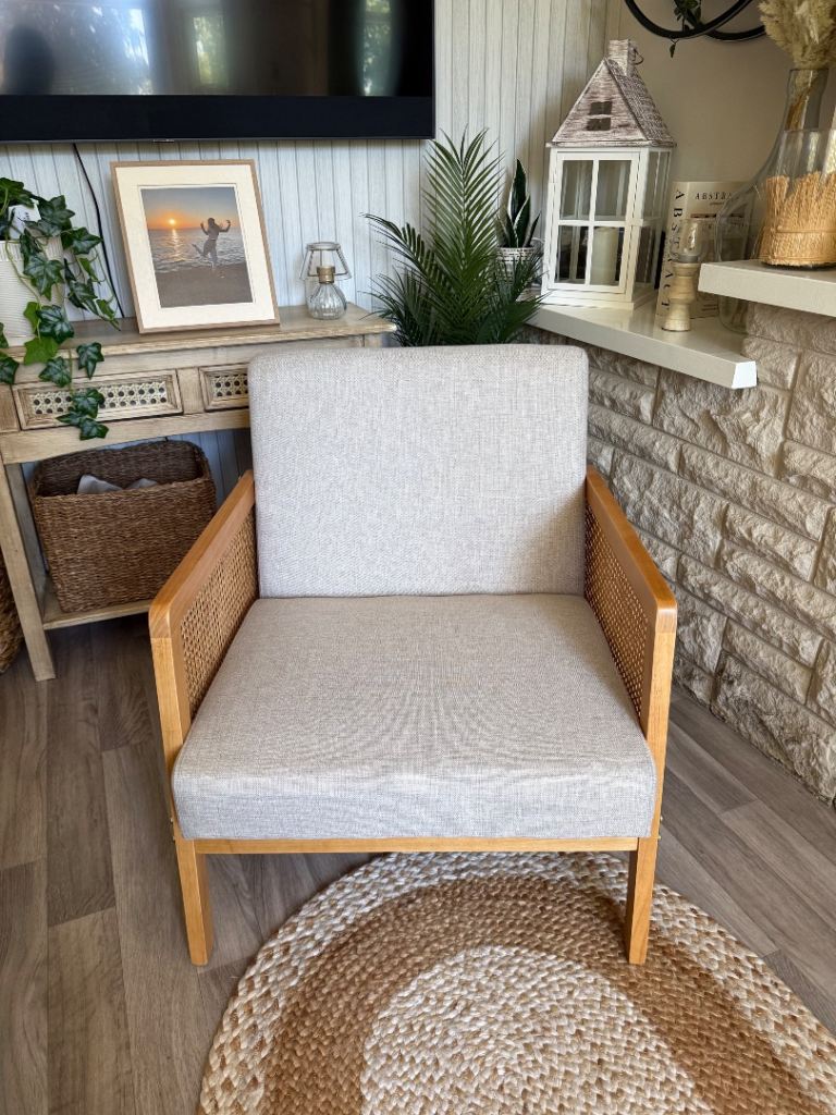 New Cane Rattan Armchair – Cushions, Damaged Weave