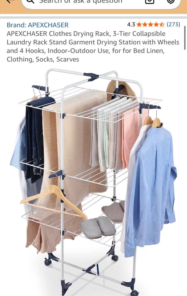 Clothes Drying Rack, 3-Tier Collapsible Laundry Rack Stan Drying Station with Wheels and 4 Hooks