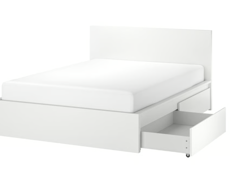 (IKEA) MALM White, bed frame with LURÖY slatted bed base with curved slats + 4 storage drawers