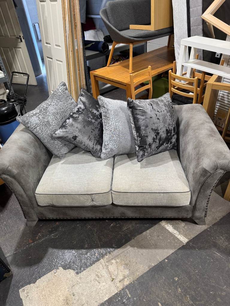 2 seater grey sofa - suede body & fabric seat cushions - complete with back cushions x 4
