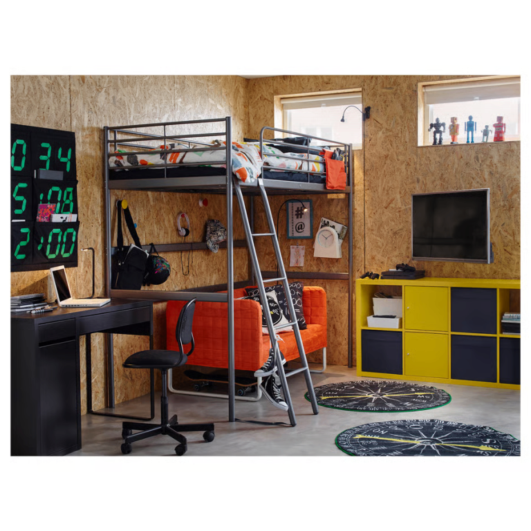 Ikea Svärta single silver loft bed frame - inc. mattress (cabin bed, bunkbed)