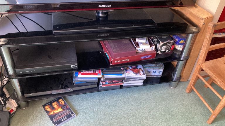Black Glass TV Stand with 3 Shelves – Good Condition