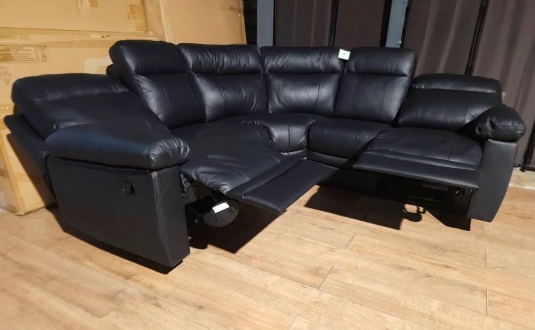 Black Leather Corner Sofa with Recliner