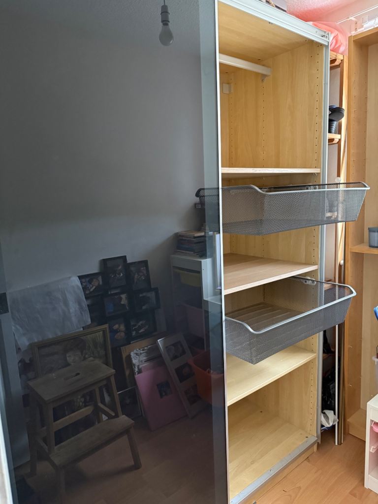 IKEA Pax Wardrobe with Black Sliding Doors, Wood Interior