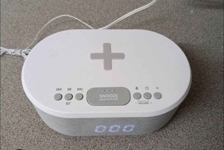 White Wireless Charging Alarm Clock with Bluetooth Speaker