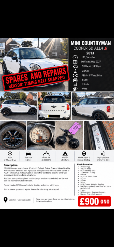  2013Manual, 1995 (cc), 5 doors mini countryman .SPARES and REPAIRS