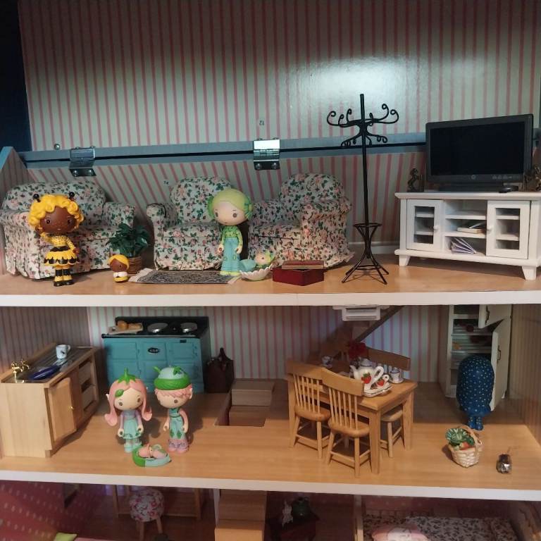 Blue Wooden Dolls House with Furniture