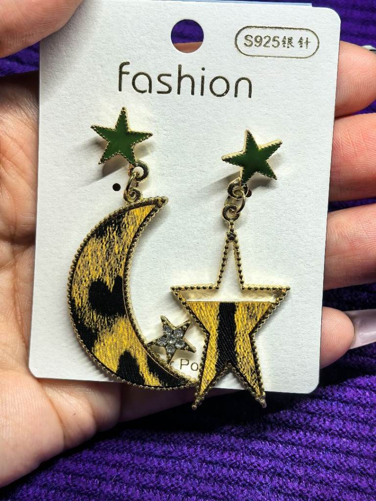 Statement Earrings - Green Star & Leopard Print Moon and Star"