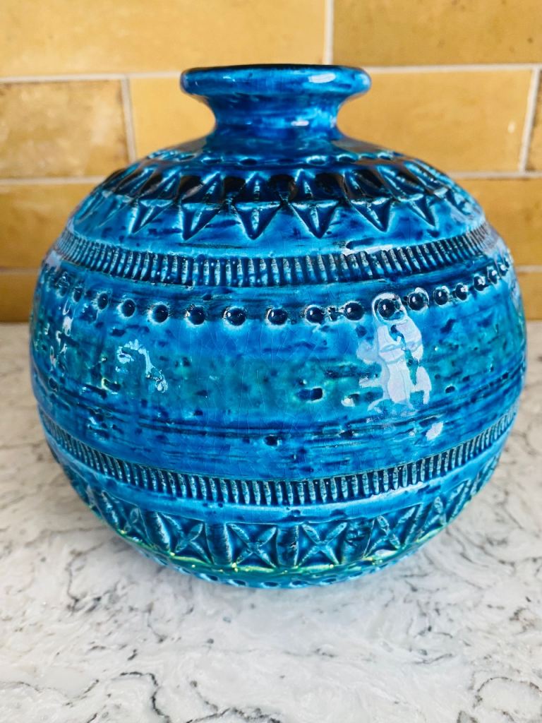 Bitossi Rimini Blue Ball Globe Round Vase Vintage Aldo Londi Italy Mid Century 