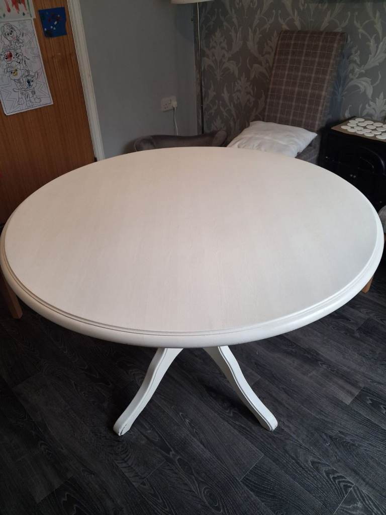 Solid Pine Circular Dining Room Table. White Satin finish.