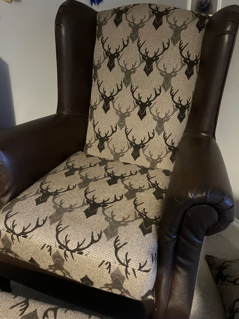 Stag print chair and foot stool
