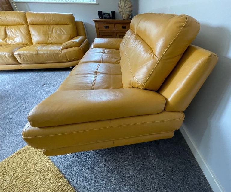 Good Condition Mustard Yellow Leather Two-Seater Sofa