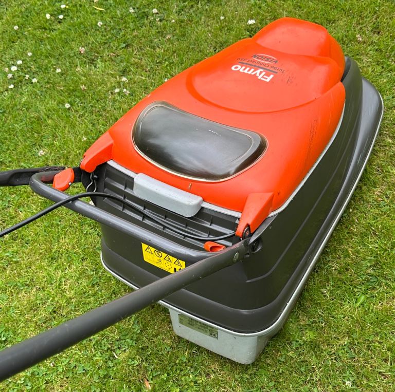 Flymo Turbo 350 Vision electric hover mower with grass collection VGC lawnmower blade sharpened 