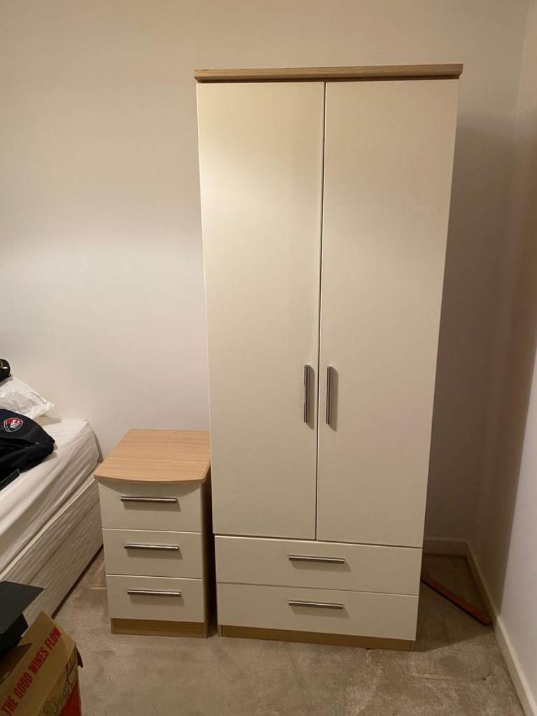 Cream & Oak Effect 2-Door Wardrobe with Drawers and Matching Bedside Cabinet