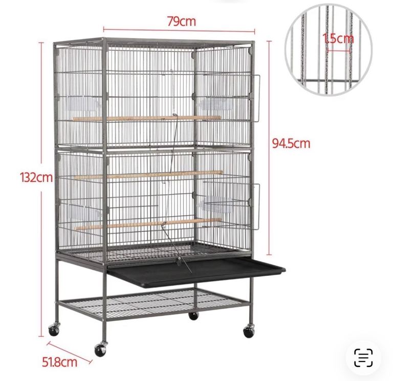 Large Parrot Bird Cage With Perch & food containers Stand and Wheels Black 132cm 