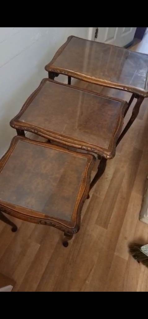 Set of 3 Vintage Wooden Nesting Tables with Glass Tops