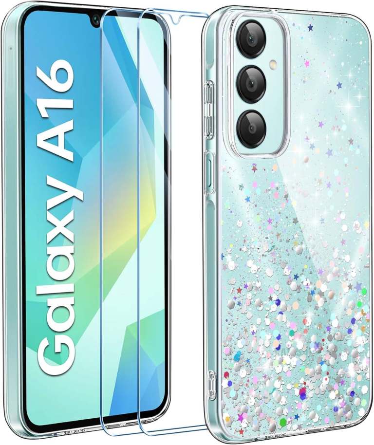 Clear Glitter Case for Samsung Galaxy A16 4G/5G with 2 Screen Protector, Transparent Soft Cover 