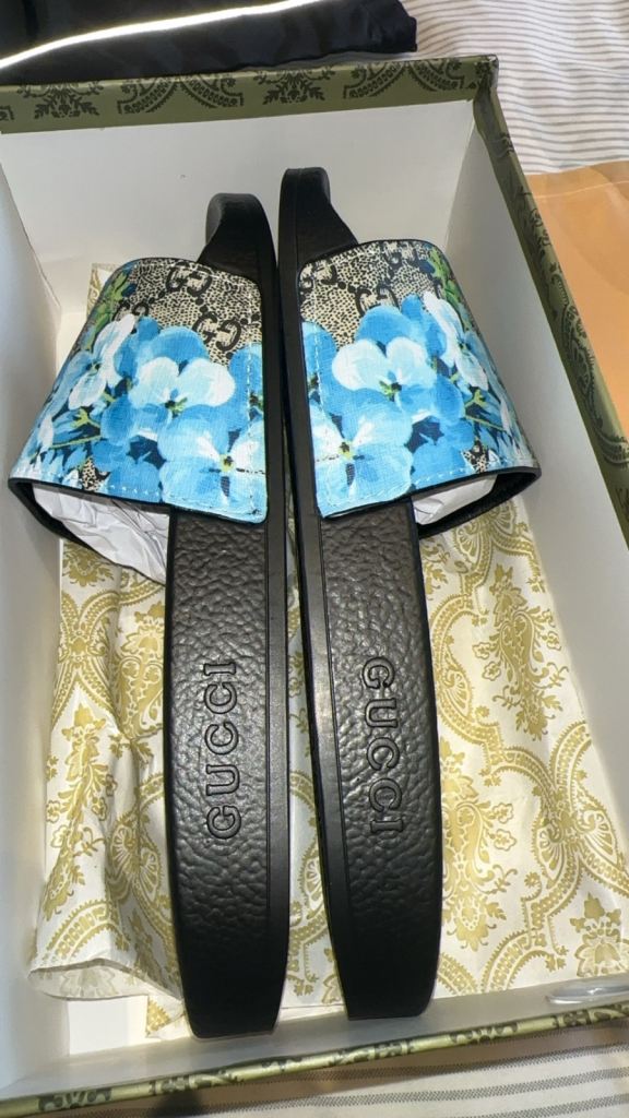 Gucci Slides with Blue Floral Design – Unworn, Boxed