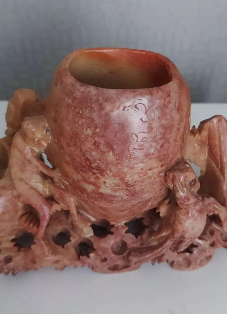 Vintage Chinese Carved Soapstone Vase Brush Pot Monkey Birds