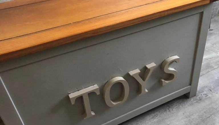 Good Condition Grey Wooden Toy Storage Chest with Natural Wood Lid