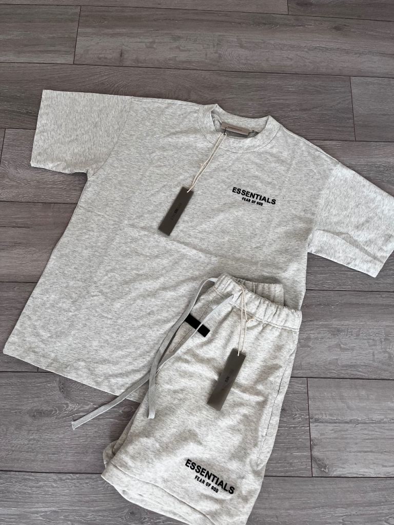 Fear of God Essentials Light Heather Grey T-Shirt & Shorts Set – Brand New with Tags