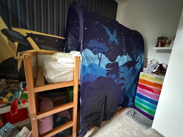 Ikea reversible mid-sleeper bed with dinosaur canopy tent
