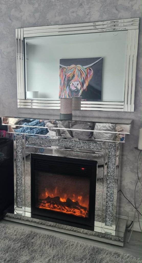 Mirrored Electric Fireplace with Crushed Diamond Inlay and Matching Mirror