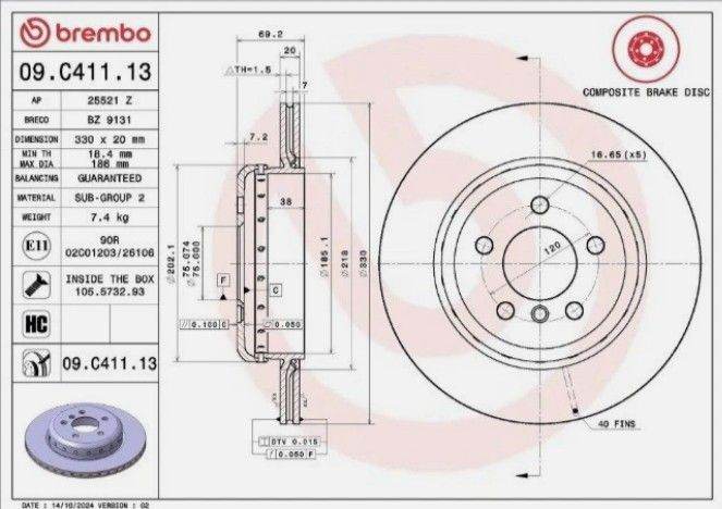 BREMBO Prime 09.C411.13 Brake disc for BMW 5 Series Rear Axle 330x20mm, 5,
