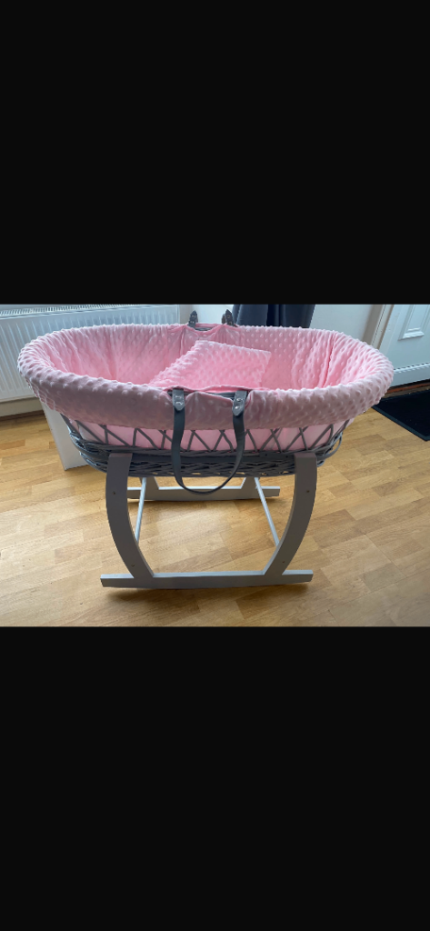 Grey Woven Moses Basket with Rocking Stand