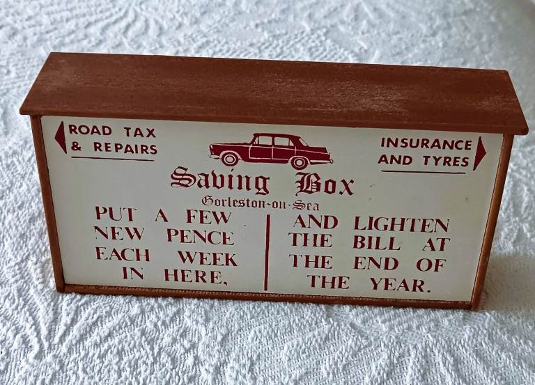 VINTAGE Savings Box Money Box Wood Road Tax Repairs Insurance & Tyres Size: 7 x 3.5 x 2 Inches