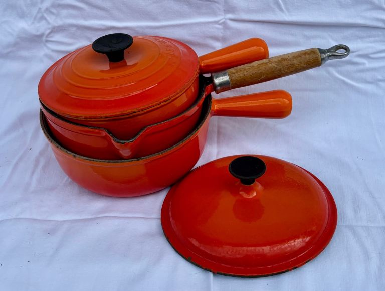 Vintage Le Creuset Cast Iron Saucepans x3 (Volcanic Orange) - Good Display / Prop