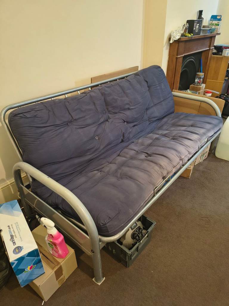 2 X Metal Frame Futon Sofa Bed with Blue Mattress – Good Condition
