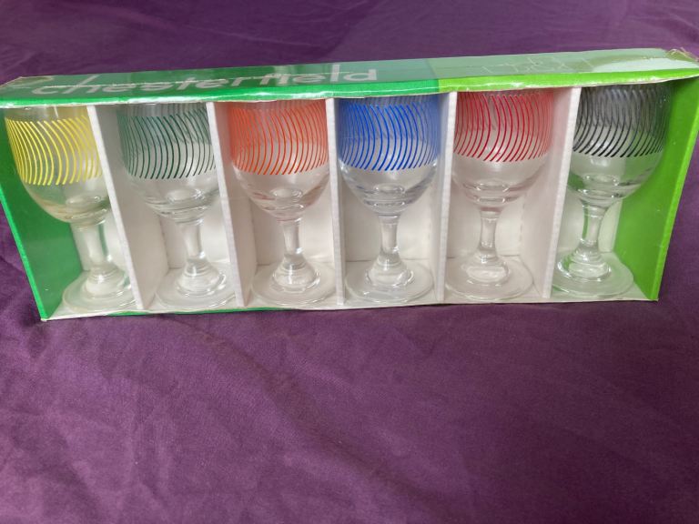 Six 1970s Vintage Decorative Dema Chesterfield Sherry Glasses.