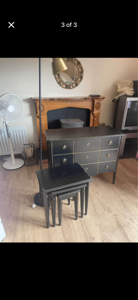 Black Chest of Drawers with Gold Trim and Nesting Tables