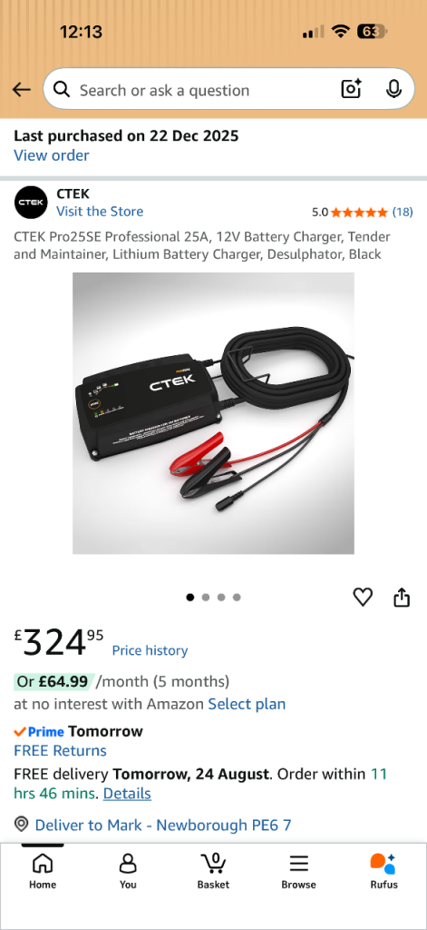 CTEK PRO25SE Professional 25A 12V Battery Charger & Support Unit – 6m Cables