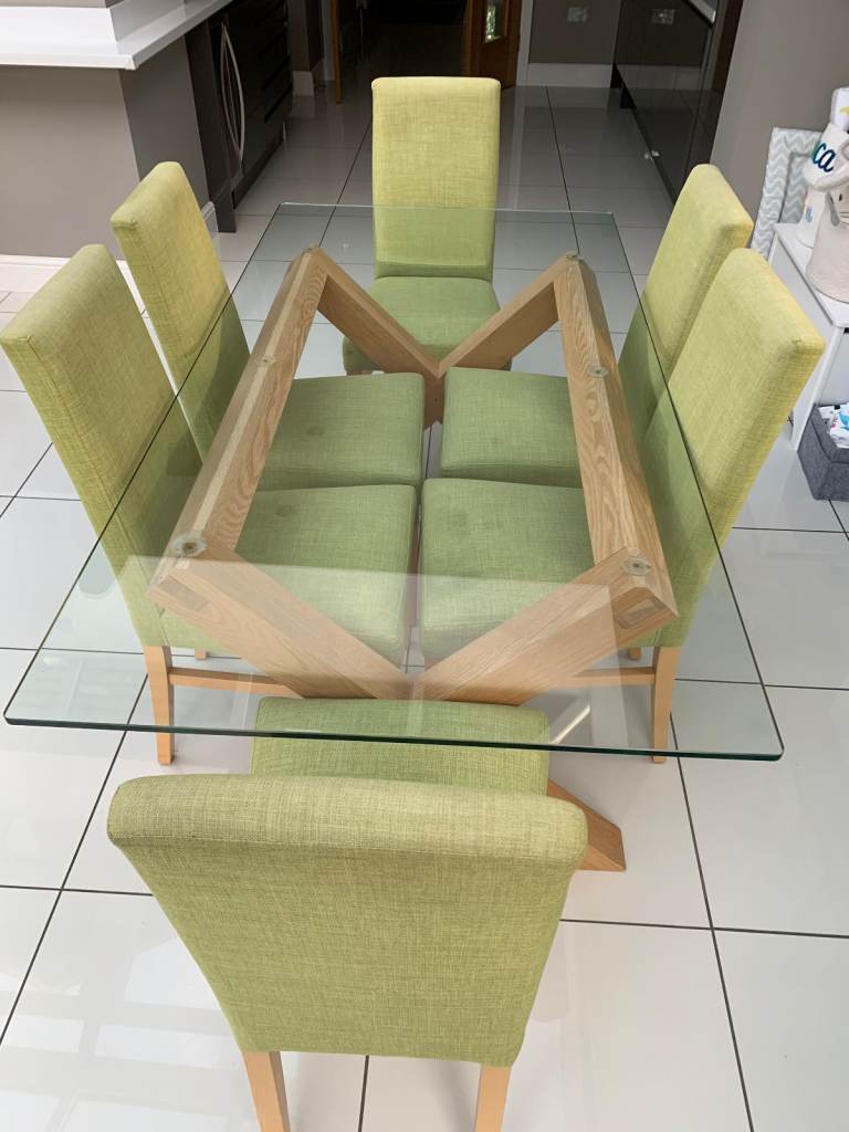 Solid Oak Dining Table with Glass Top and 6 Green Chairs