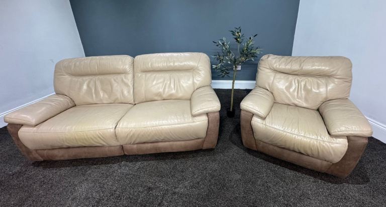 SCS Two Tone biscuit Leather & Brown Suede Fabric Power Recliner 3 Seater Sofa & Armchair  £395 