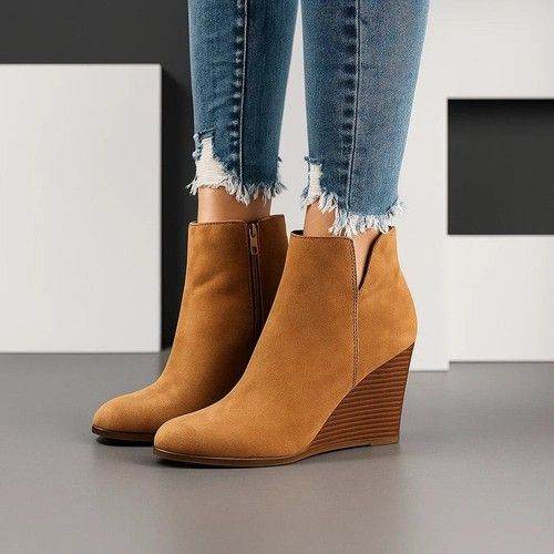 New Light Tan-Camel Suede Round Toe Wide Fit Wedge Heels Zipped Ankle Boots.Size 4.POST OR COLLECT!