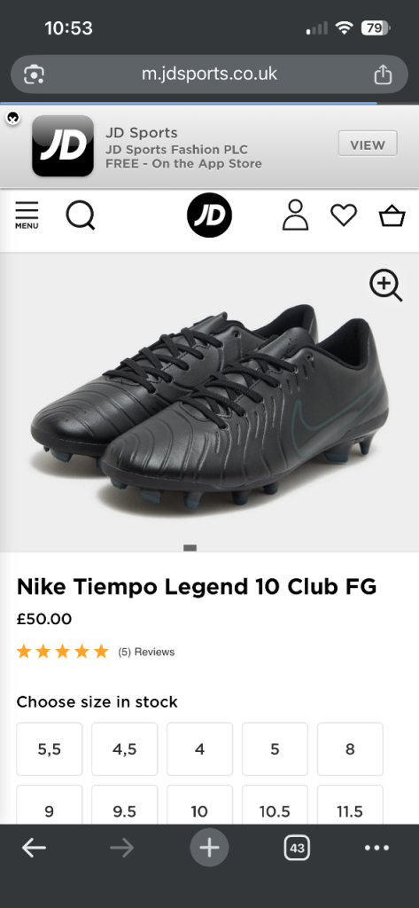 Good Condition Black Nike Tiempo Legend 10 Club FG Football Boots
