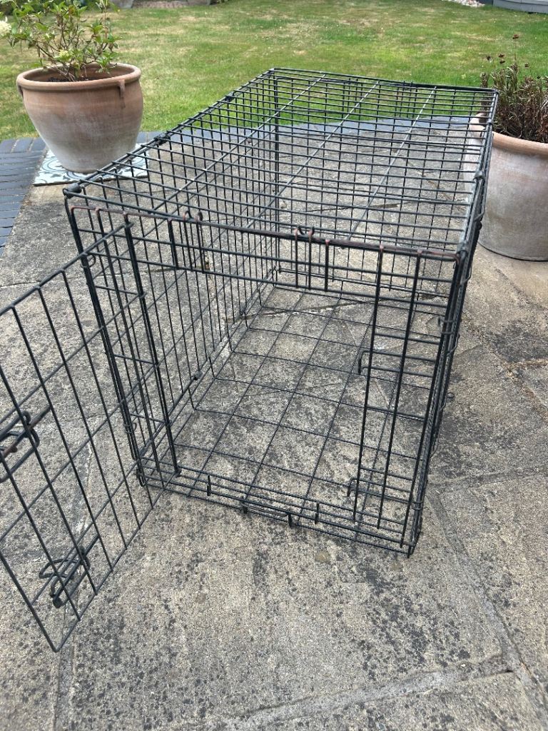 Black metal dog pet cage crate with two doors