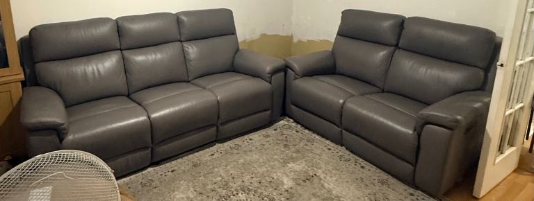 Grey Leather Recliner Sofas - 3-Seater and 2-Seater Set