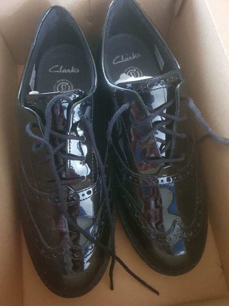 Clarks Black Patent Brogue Shoes - Size 7G, Brand New