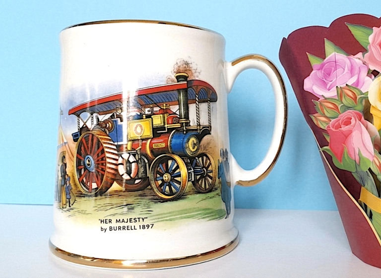 OLD FOLEY PORCELAIN TANKARD - 2 x STEAM ENGINES - 9 x 10 cm - GOOD CONDITION