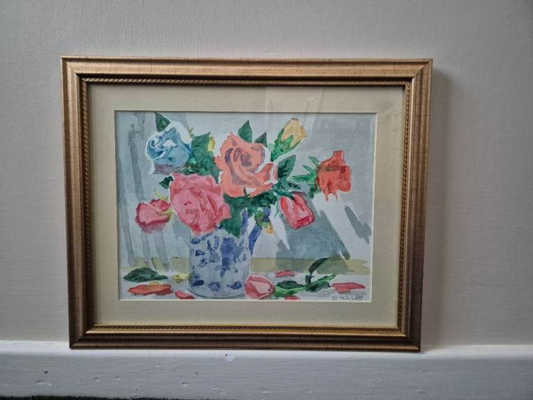 An original painting "Roses" signed by the late Doreen Mitchell, painted in 2004 - 40cm x 33cm